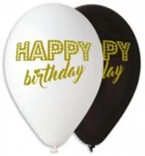 Кульки GS110#468 круглі, білі+чорні Happy Birthday (30cm/100шт)