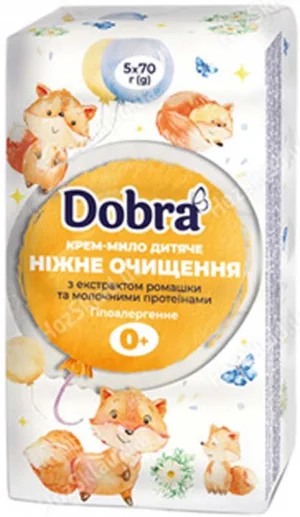 DOBRA Крем-мило тверде, марка Д, (5*70) 350г "Ніжне очищення з ромашкою та молочн.протеїнами"