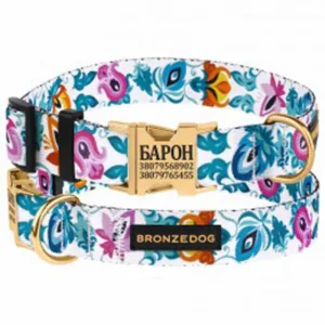 41/1415Б/Т Нашийник д/собак з нашивк Folk квіти з золот фастексом М (Об. шиї 30-40см Шир-20см) білий