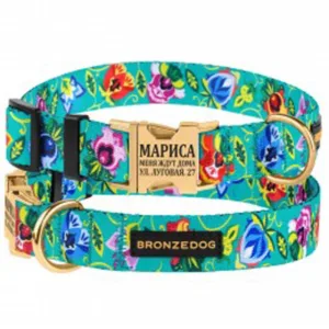 41/1417Б/Т Нашийник д/собак з нашивк Folk квіти з золот фастексом М (Об. шиї 30-40см Шир-20см) менто
