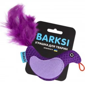 3438 Іграшка для котів ТМ Barksi з дзвіночком та з пір'ям Пташка фіолетова